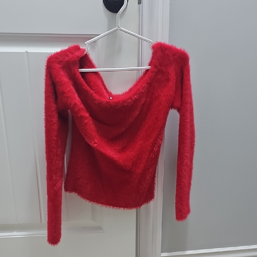 H&M Off-the-Shoulder Red Fuzzy Sweater